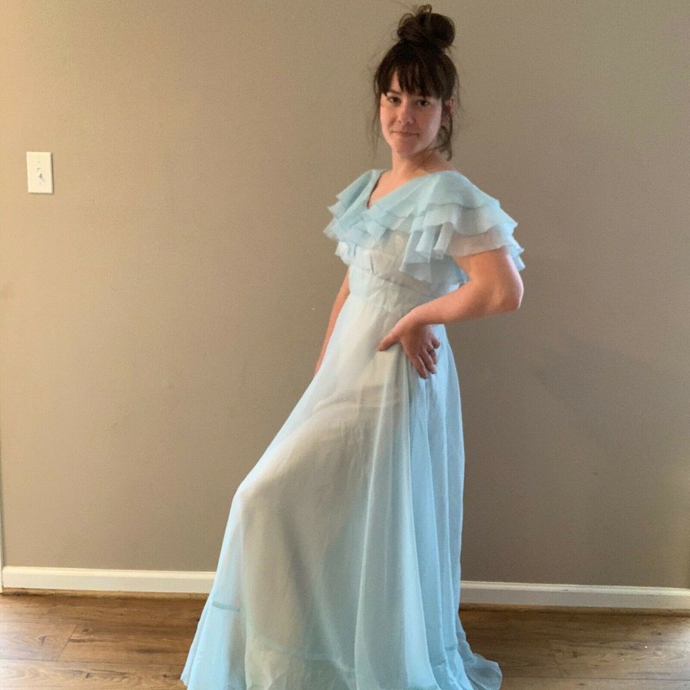 Vintage 1970s Prom Dress Formal Gown Blue Chiffon - Picture 2 of 8
